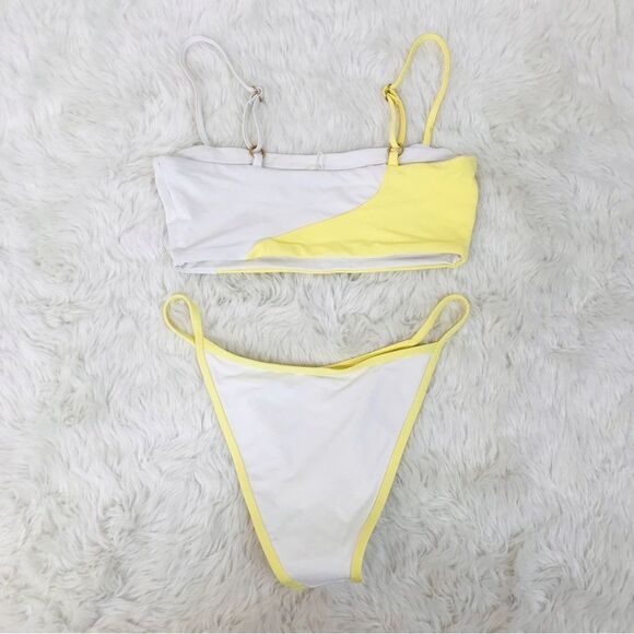 L*SPACE Ari Bikini Top Tommy String Bikini Bottom White Yellow XS Small New - Picture 3 of 10